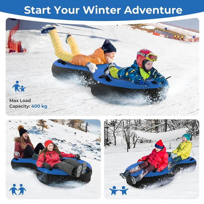 Two-person inflatable snow tube in blue and black with kids and adults sledding on snow hills