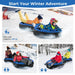 Two-person inflatable snow tube in blue and black with kids and adults sledding on snow hills