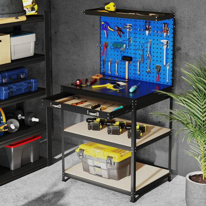 Heavy-Duty Workbench – Navy Metal Garage Table | Pegboards and Hanging Accessories COSTWAY - Little and Giant Explorers Costway