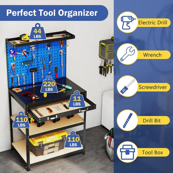 Heavy-Duty Workbench – Navy Metal Garage Table | Pegboards and Hanging Accessories COSTWAY - Little and Giant Explorers Costway