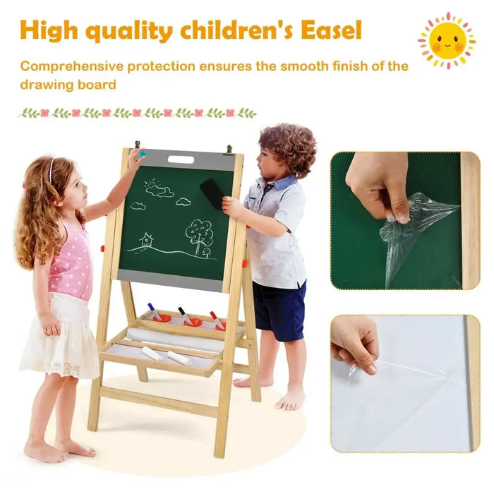 Height-Adjustable Kids 3-in-1 Art Easel | Whiteboard, Blackboard and Paper Roll COSTWAY - Little and Giant Explorers Costway