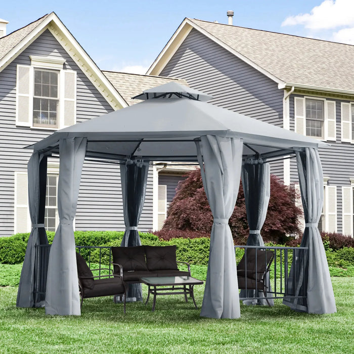 Hexagon Gazebo Patio Canopy with 2 Tier Roof in Grey (3 x 3m) - Little and Giant Explorers Outsunny