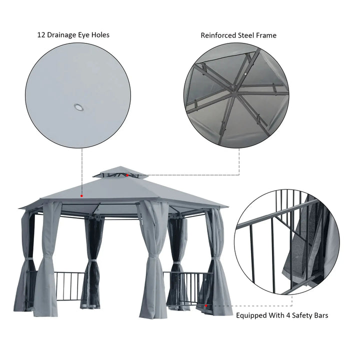 Hexagon Gazebo Patio Canopy with 2 Tier Roof in Grey (3 x 3m) - Little and Giant Explorers Outsunny