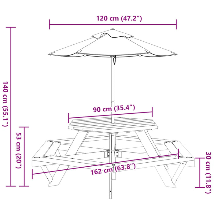 Hexagon Picnic Table for 6 Kids with Striped Umbrella in Solid Wood Fir - Little and Giant Explorers vidaXL