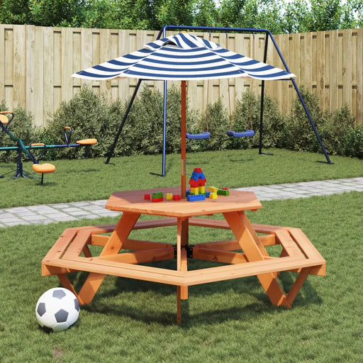 Hexagon Picnic Table for 6 Kids with Striped Umbrella in Solid Wood Fir - Little and Giant Explorers vidaXL