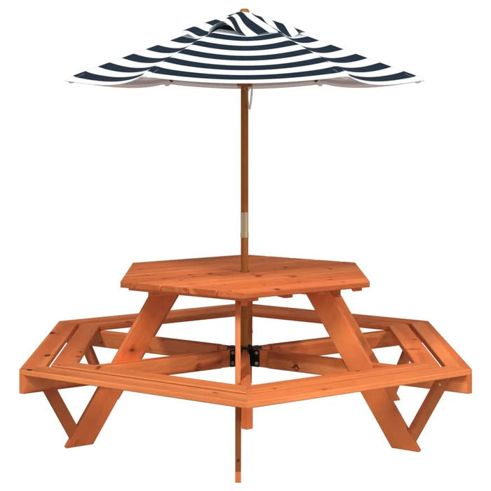 Hexagon Picnic Table for 6 Kids with Striped Umbrella in Solid Wood Fir - Little and Giant Explorers vidaXL