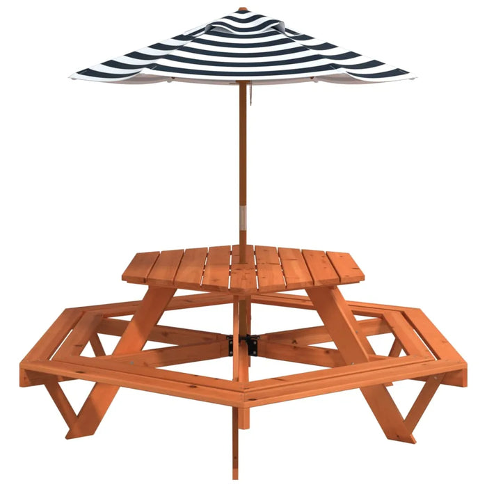 Hexagon Picnic Table for 6 Kids with Striped Umbrella in Solid Wood Fir - Little and Giant Explorers vidaXL