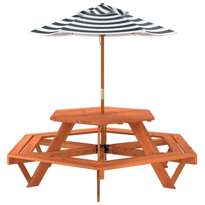 Hexagon Picnic Table for 6 Kids with Striped Umbrella in Solid Wood Fir - Little and Giant Explorers vidaXL