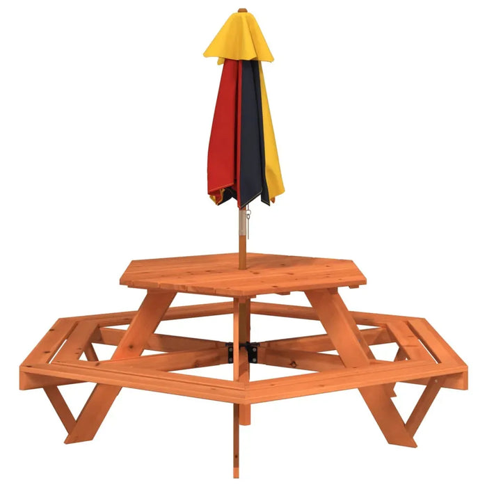 Hexagon Picnic Table for 6 Kids with Umbrella in Solid Wood Fir - Little and Giant Explorers vidaXL