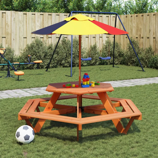 Hexagon Picnic Table for 6 Kids with Umbrella in Solid Wood Fir - Little and Giant Explorers vidaXL