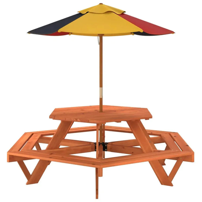 Hexagon Picnic Table for 6 Kids with Umbrella in Solid Wood Fir - Little and Giant Explorers vidaXL