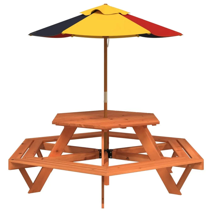 Hexagon Picnic Table for 6 Kids with Umbrella in Solid Wood Fir - Little and Giant Explorers vidaXL