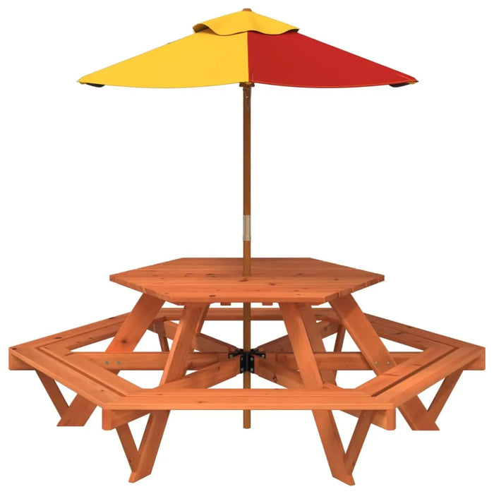 Hexagon Picnic Table for 6 Kids with Umbrella in Solid Wood Fir - Little and Giant Explorers vidaXL