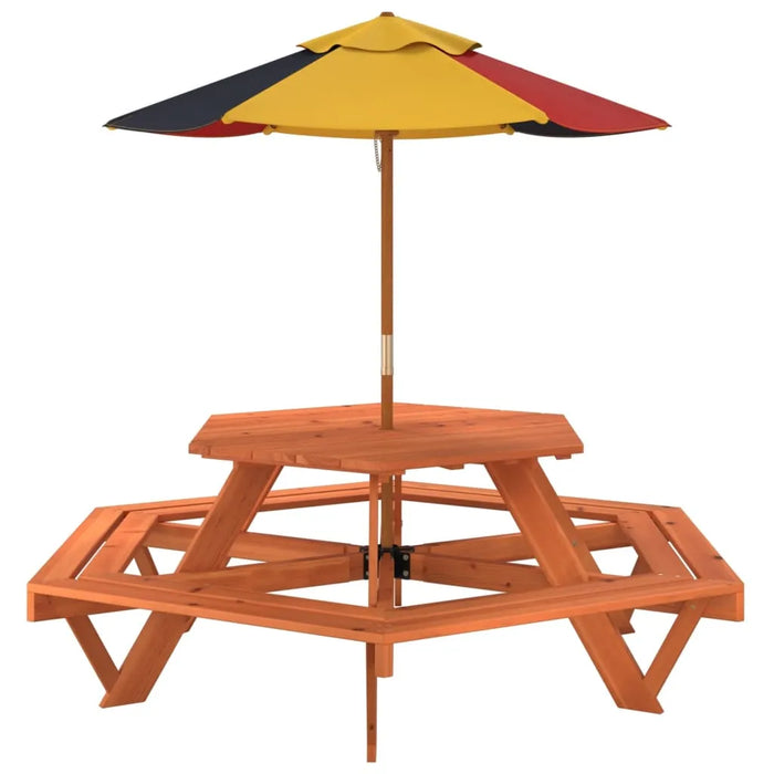 Hexagon Picnic Table for 6 Kids with Umbrella in Solid Wood Fir - Little and Giant Explorers vidaXL