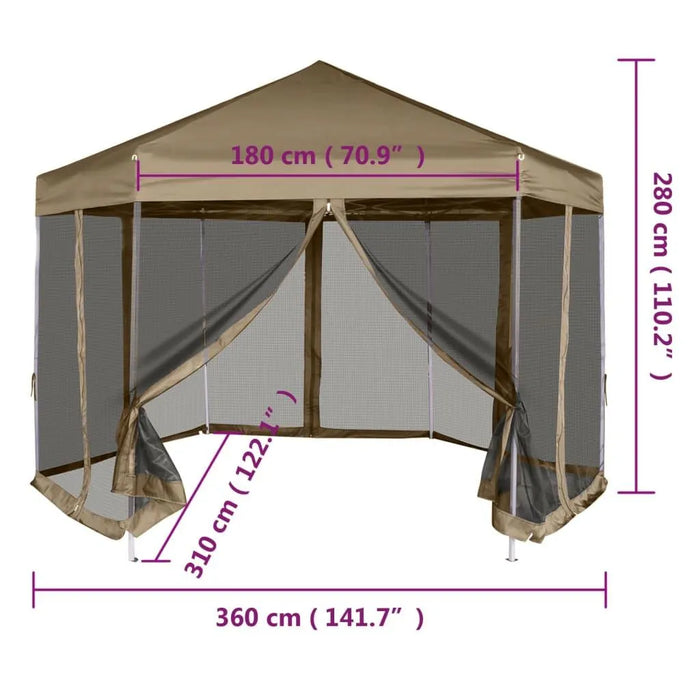 Hexagonal Pop-Up Marquee with Sidewalls in Taupe (3.6 x 3.1m) 220g/m² - Little and Giant Explorers vidaXL