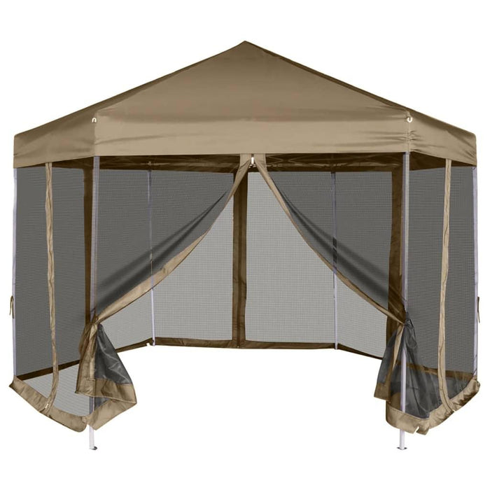 Hexagonal Pop-Up Marquee with Sidewalls in Taupe (3.6 x 3.1m) 220g/m² - Little and Giant Explorers vidaXL