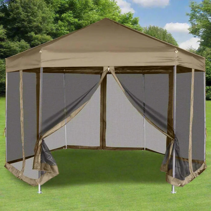 Hexagonal Pop-Up Marquee with Sidewalls in Taupe (3.6 x 3.1m) 220g/m² - Little and Giant Explorers vidaXL