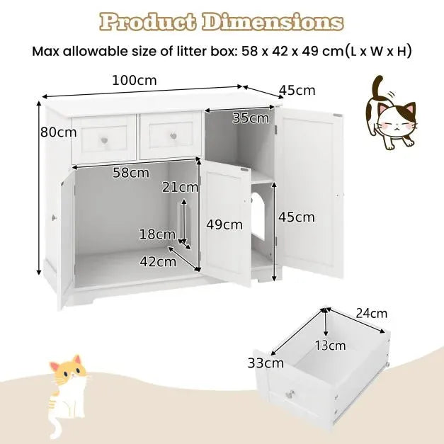 Hidden Cat Cabinet Wooden Pet House with 2 Drawers in White - Little and Giant Explorers Costway