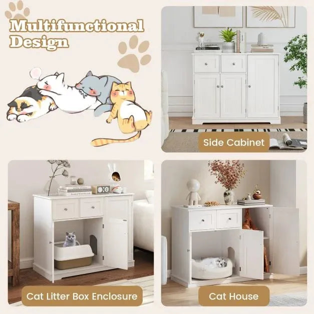 Hidden Cat Cabinet Wooden Pet House with 2 Drawers in White - Little and Giant Explorers Costway