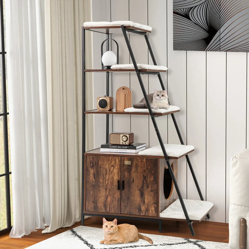 Hidden Cat Litter Box Furniture - Rustic Coffee | 5-Tier Shelves - Washroom Enclosure COSTWAY - Little and Giant Explorers Costway