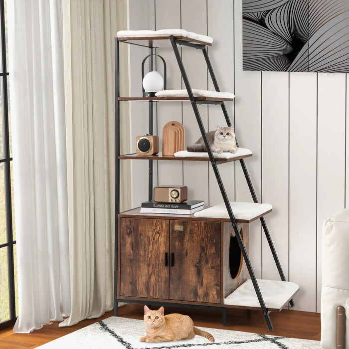 Hidden Cat Litter Box Furniture - Rustic Coffee | 5-Tier Shelves - Washroom Enclosure COSTWAY - Little and Giant Explorers Costway