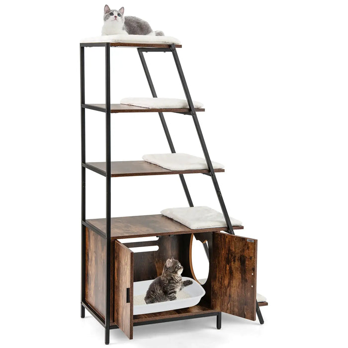 Hidden Cat Litter Box Furniture - Rustic Coffee | 5-Tier Shelves - Washroom Enclosure COSTWAY - Little and Giant Explorers Costway