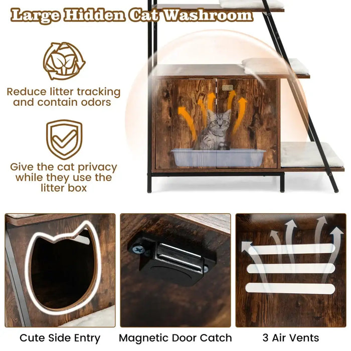 Hidden Cat Litter Box Furniture - Rustic Coffee | 5-Tier Shelves - Washroom Enclosure COSTWAY - Little and Giant Explorers Costway