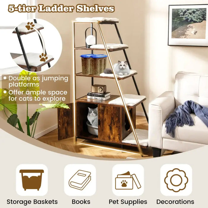 Hidden Cat Litter Box Furniture - Rustic Coffee | 5-Tier Shelves - Washroom Enclosure COSTWAY - Little and Giant Explorers Costway