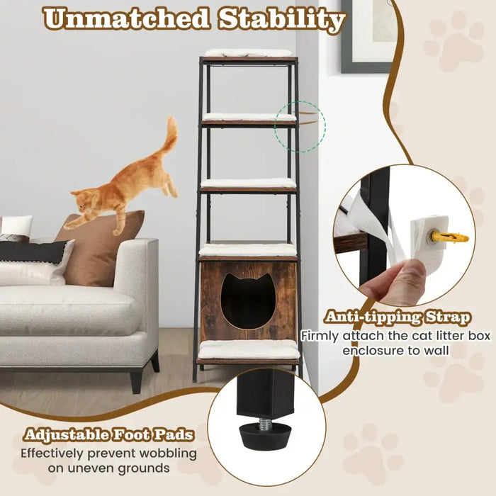 Hidden Cat Litter Box Furniture - Rustic Coffee | 5-Tier Shelves - Washroom Enclosure COSTWAY - Little and Giant Explorers Costway
