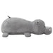 Large grey plush hippo cuddly toy lying on white background, soft cotton filled