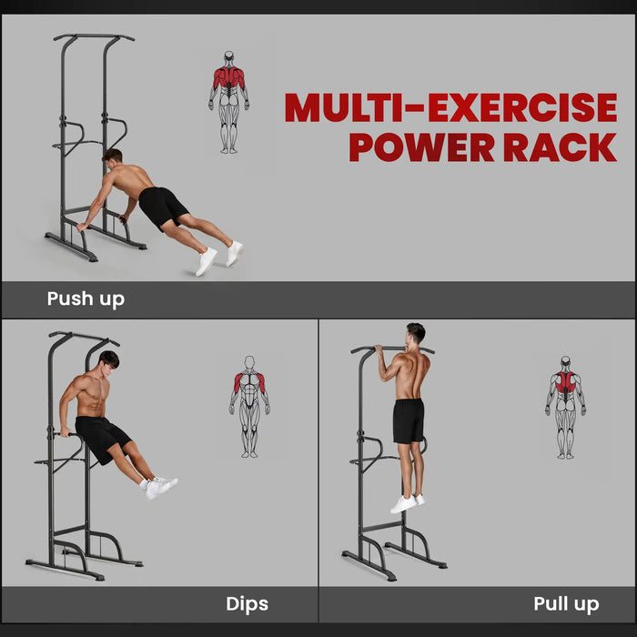 Multi-exercise power rack with illustrations of push-ups, dips, and pull-ups on a gray background.