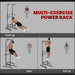Multi-exercise power rack with illustrations of push-ups, dips, and pull-ups on a gray background.