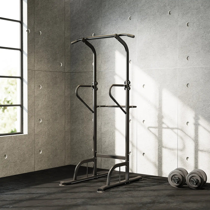 Gym power rack in a room with concrete walls and a window.