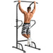 Man exercising on a pull-up bar stand against a white background