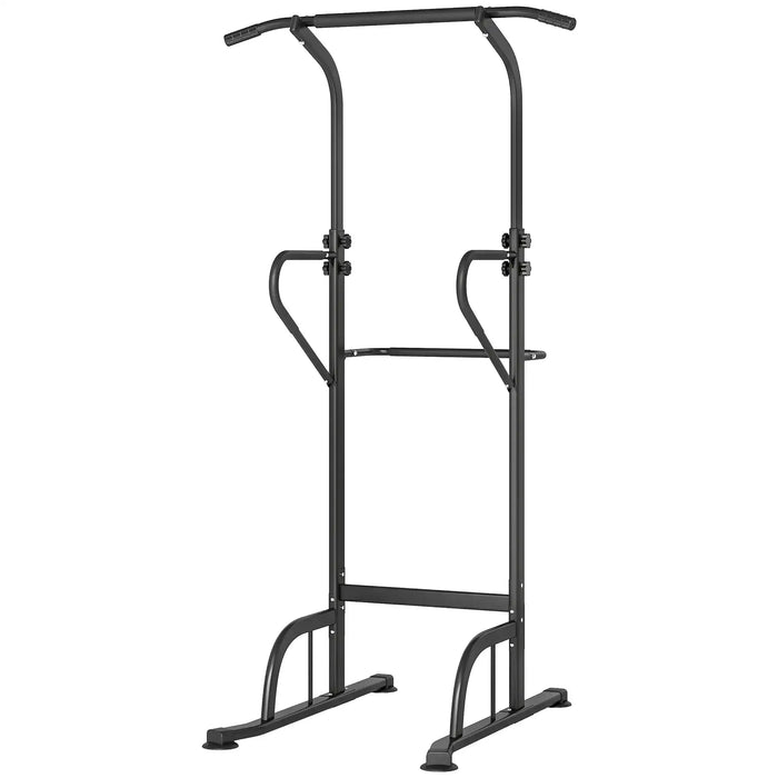 Black metal pull-up bar and punching bag stand on a white background