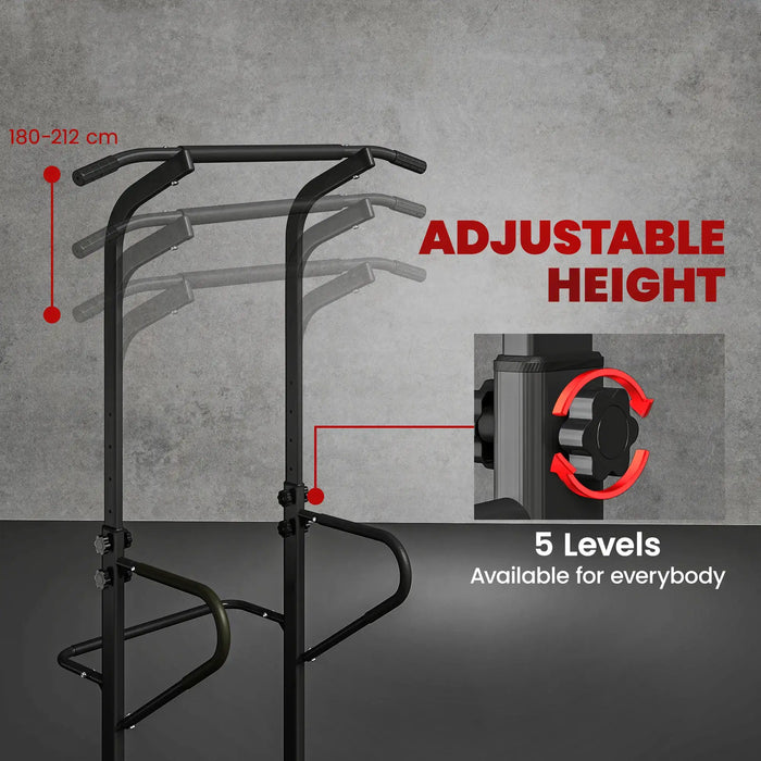 Black adjustable height pull-up bar with measurement details on a gray background