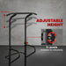 Black adjustable height pull-up bar with measurement details on a gray background