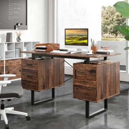 Home Office Desk – Rustic Brown and Black | 129cm Floating Desktop - Dual Drawers and Enclosed Cabinet COSTWAY - Little and Giant Explorers Costway