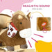Brown plush rocking horse toy with bandana, wooden handles, and ear sound button.