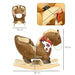 Brown plush rocking horse toy with foot pedals, harness, and size measurements shown.