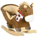 Brown plush rocking horse toy with wooden base, seat, and cow print bandana