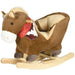 Brown plush rocking horse for kids with red bandana and wood base, foot pedals, seat harness
