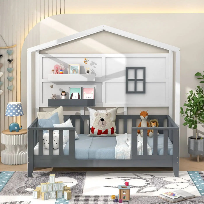 Children's room with a house-shaped crib, toys, and decor.