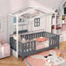 Children's room with a gray house-shaped bed, pink bedding, and toys.