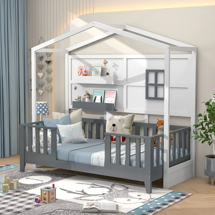 Children's room with a house-shaped crib and shelves.