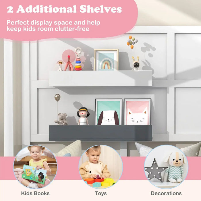 Children's room with shelves displaying toys, books, and decorations with text about additional shelves.