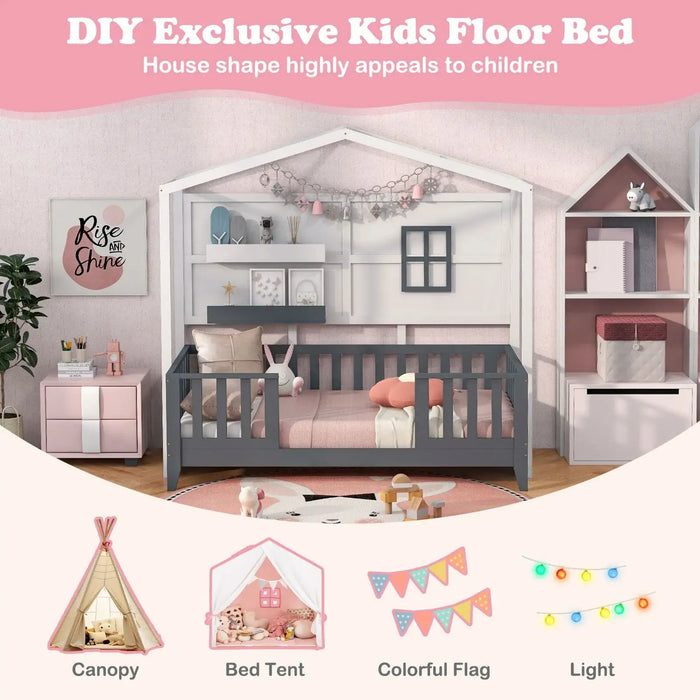 Children's room with a house-shaped bed and accessories, featuring text about the product.
