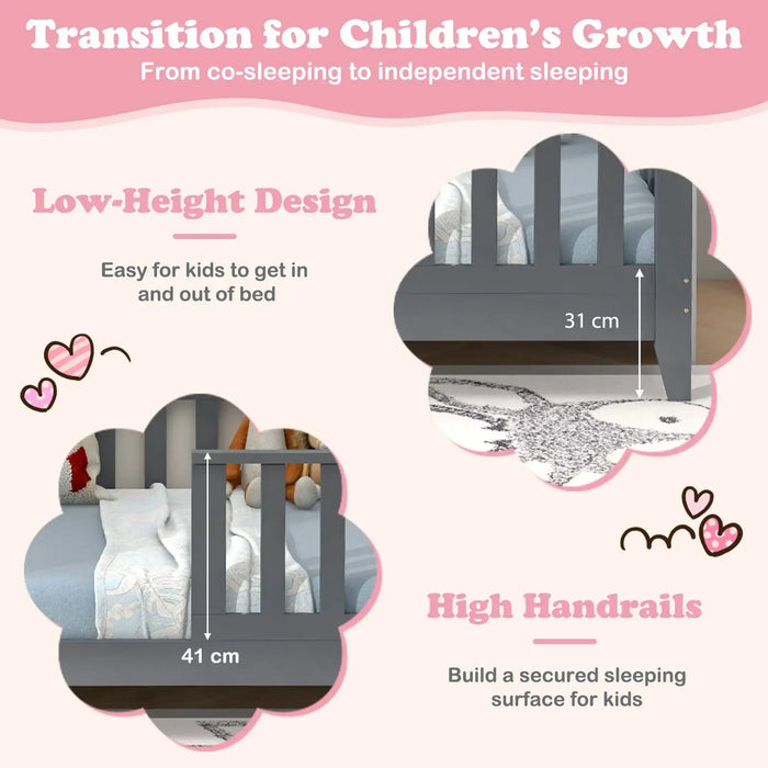 Bed transition for children's growth with low-height design and high handrails.