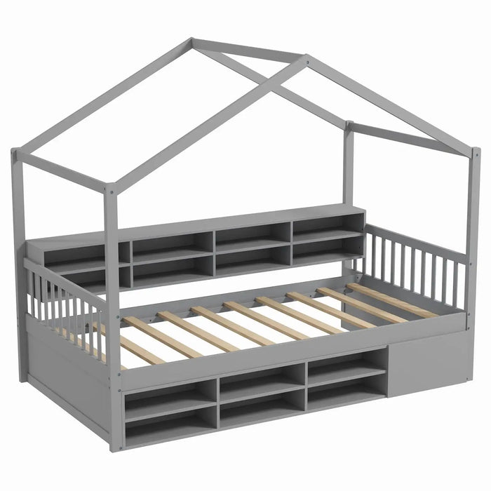 Gray children's bed with a house-shaped roof and storage shelves on a white background