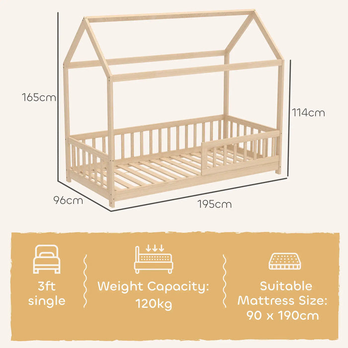 Dimensions and specifications of a wooden children's bed frame on a white background